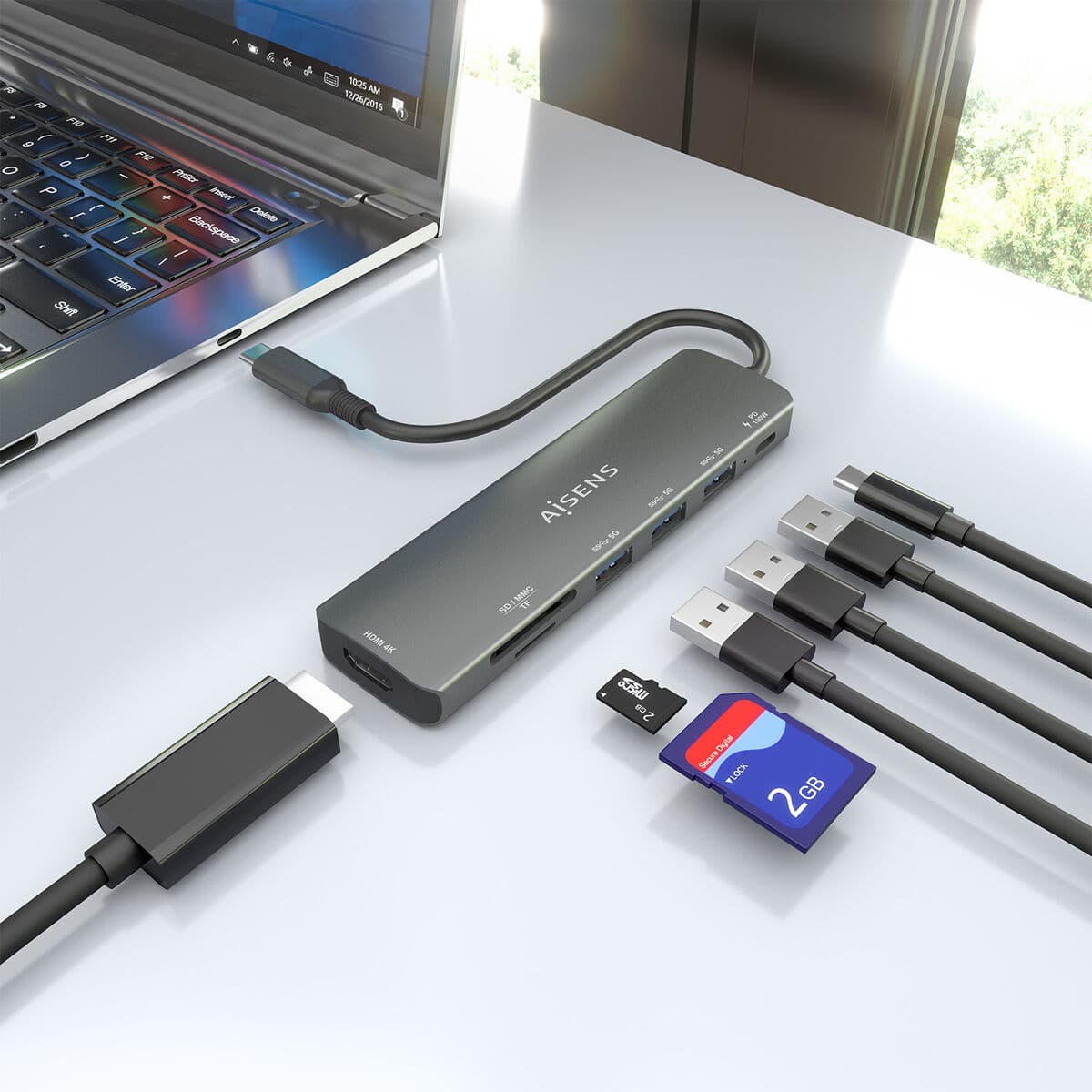 Hub USB Aisens 7 EN 1 Siva 100 W - Image 9