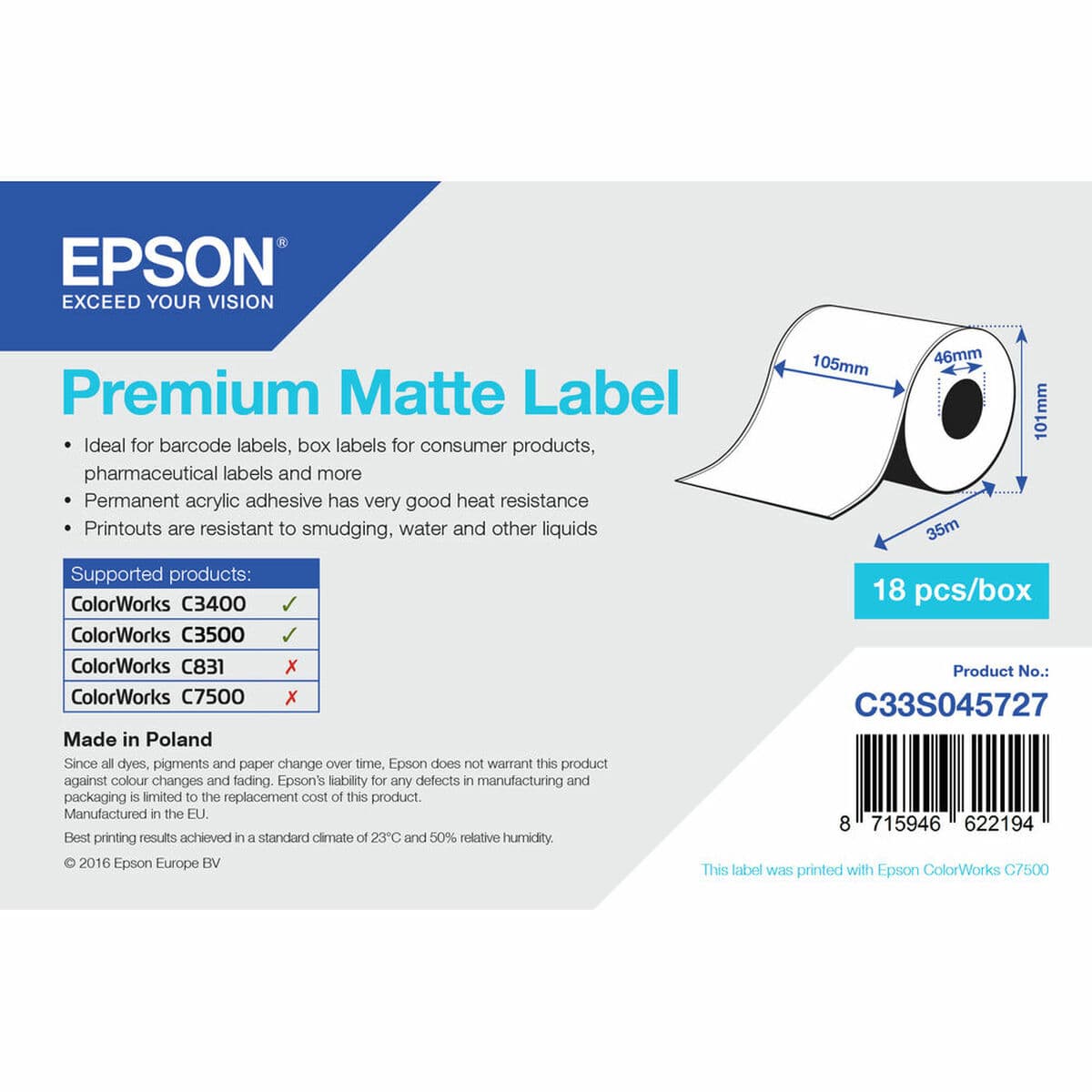 Etichete pentru Imprimantă Epson C33S045727 Alb 46 mm (1 Unități)