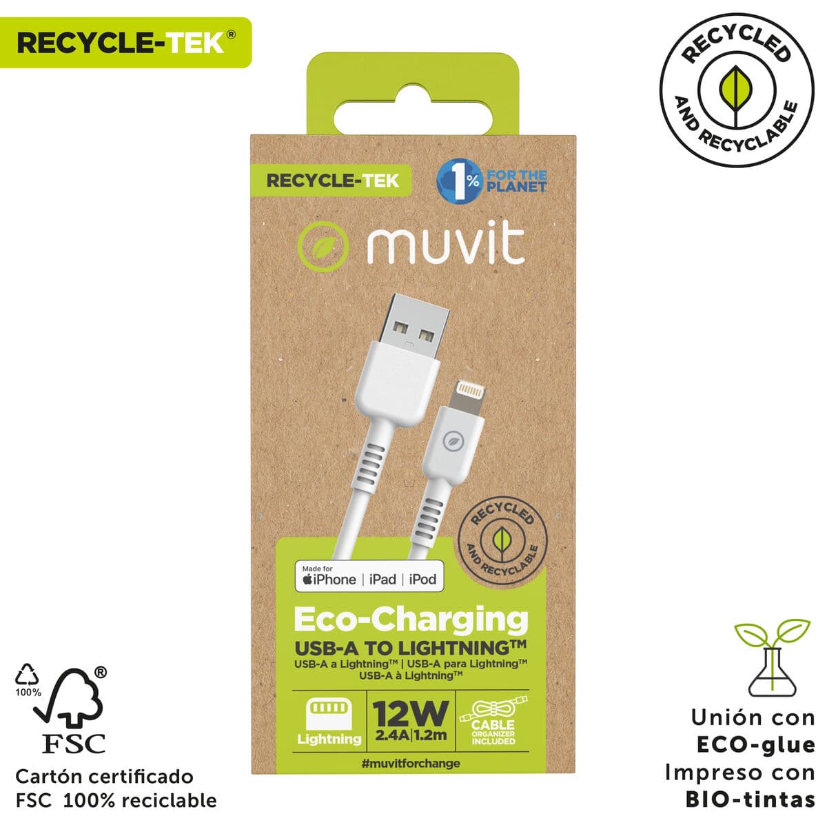 muvit for change cable USB a Lightning MFI 2,4A/12W 1,2m blanco - Image 3