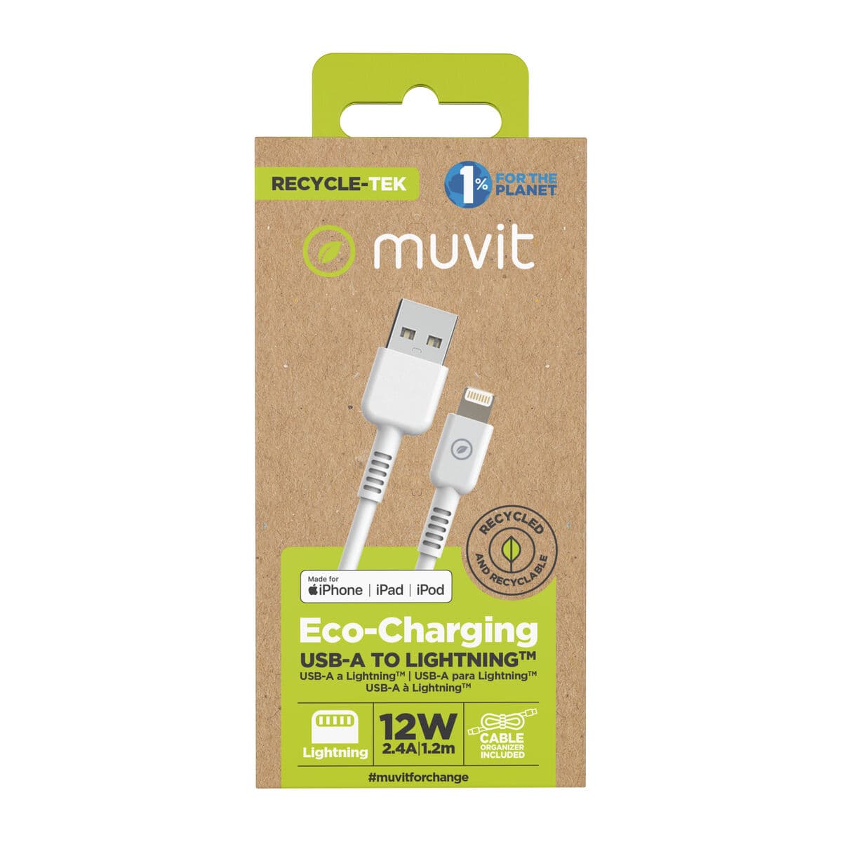 muvit for change cable USB a Lightning MFI 2,4A/12W 1,2m blanco - Image 4