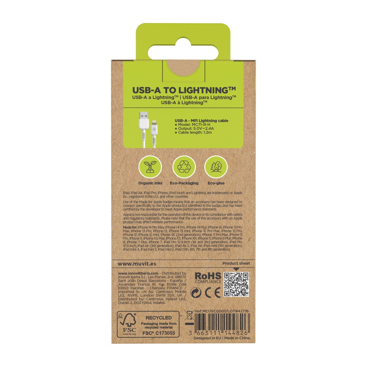 muvit for change cable USB a Lightning MFI 2,4A/12W 1,2m blanco - Image 5