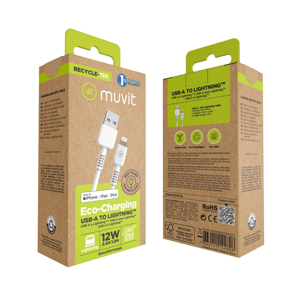 muvit for change cable USB a Lightning MFI 2,4A/12W 1,2m blanco - Image 6