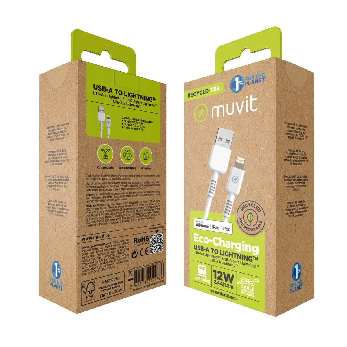muvit for change cable USB a Lightning MFI 2,4A/12W 1,2m blanco - Image 7