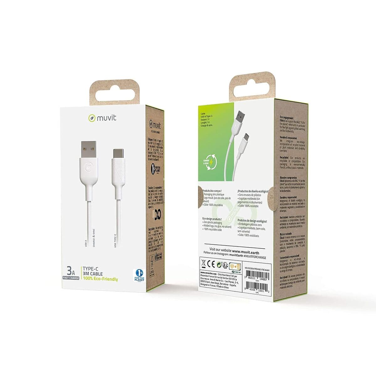 USB A - USB-C kabelis Muvit Balta 3 m - Image 2