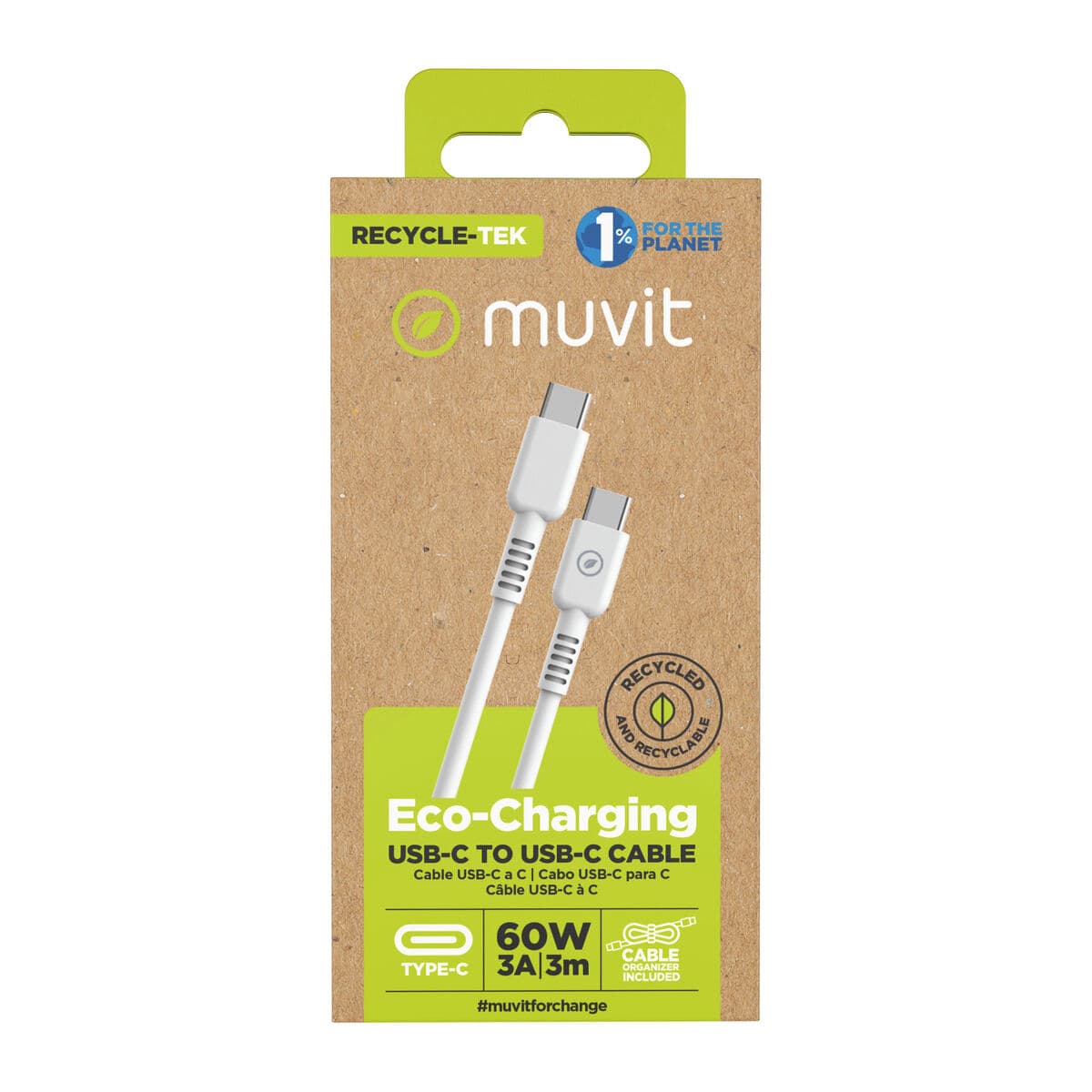 USB-C - USB-C kabelis Muvit for Change Balta 3 m - Image 7