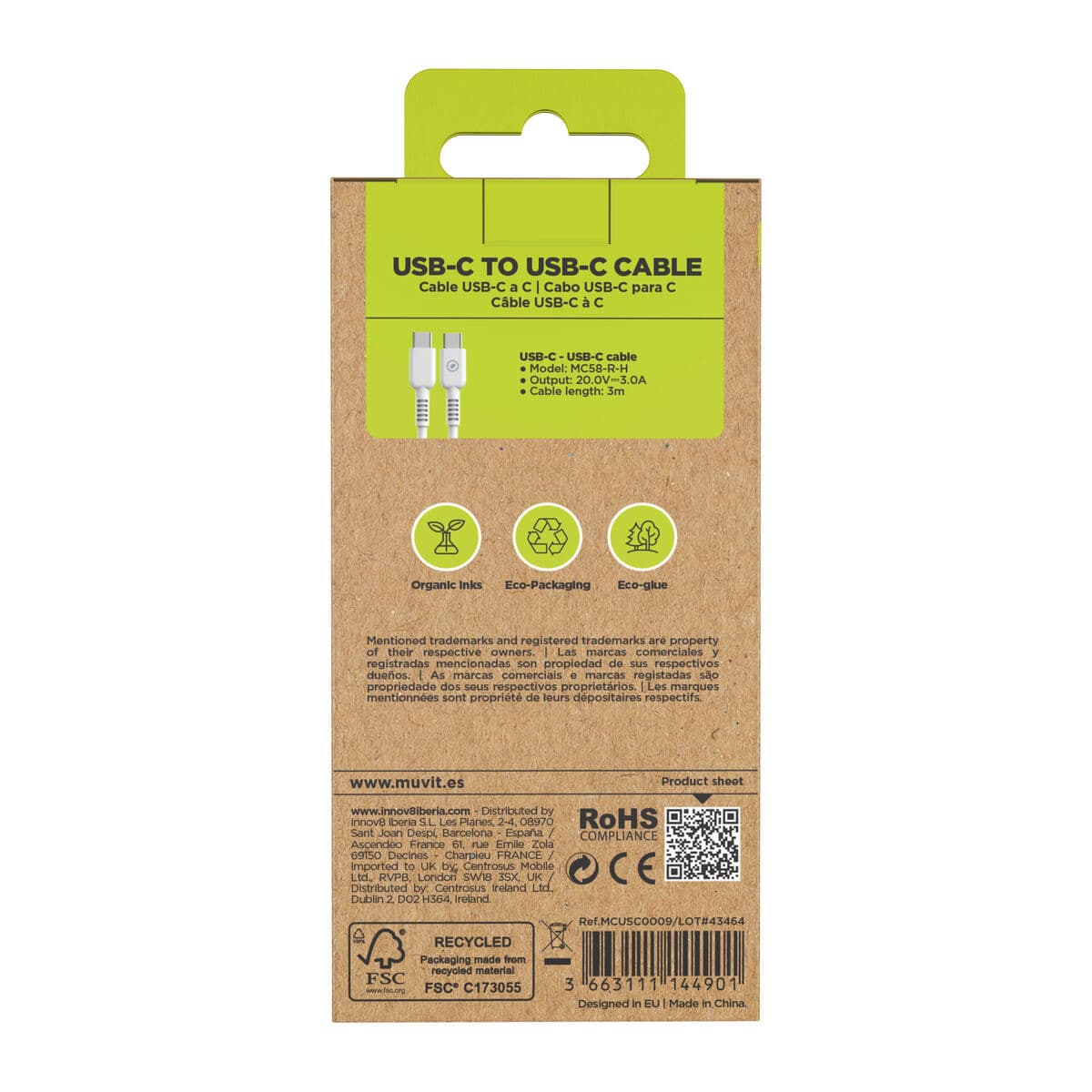 USB-C - USB-C kabelis Muvit for Change Balta 3 m - Image 8