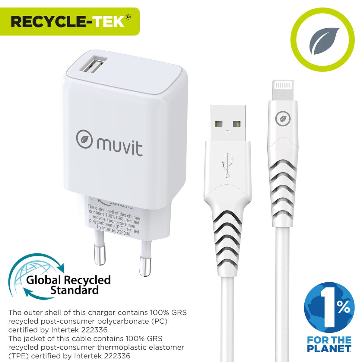 Seinalaadija + USB A - USB-C Kaabel Muvit for Change SN-TC170DS1E150A + DC-006 Valge 12 W - Image 2