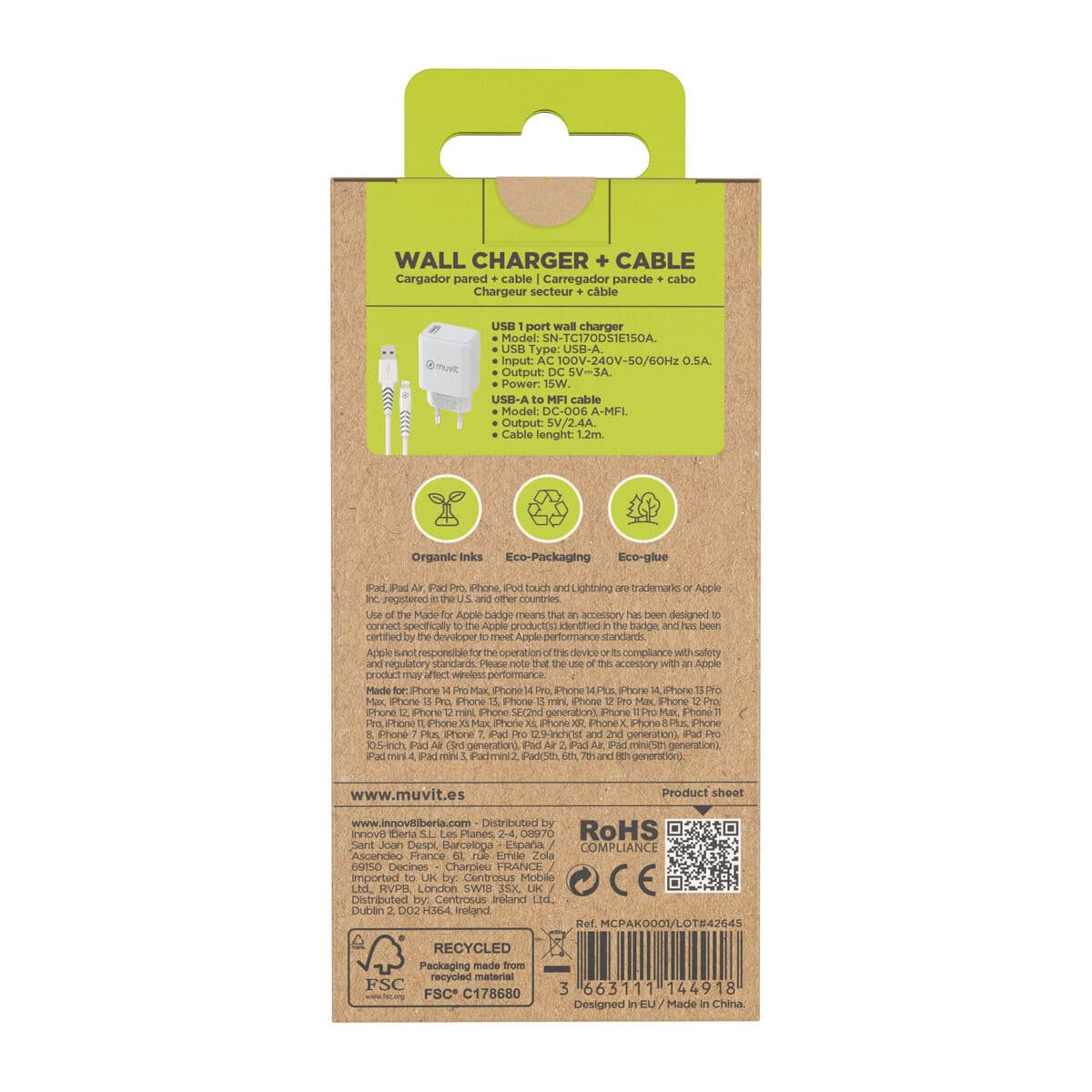 Seinalaadija + USB A - USB-C Kaabel Muvit for Change SN-TC170DS1E150A + DC-006 Valge 12 W - Image 4