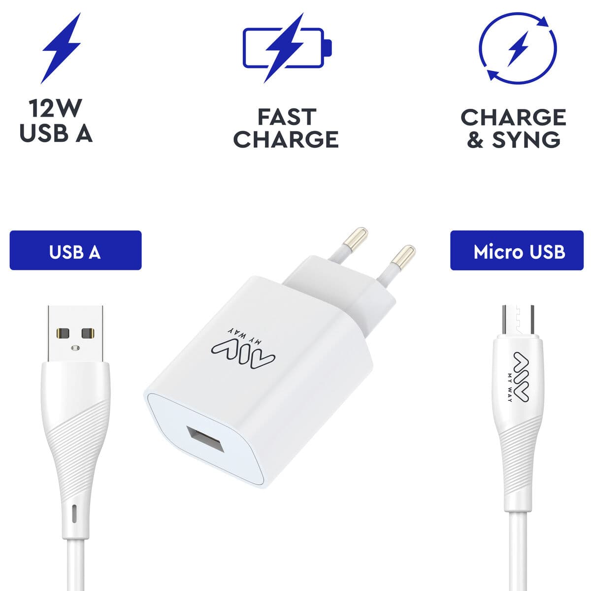 Väggladdare + USB A till USB-C Kabel Myway Vit 12 W - Image 4