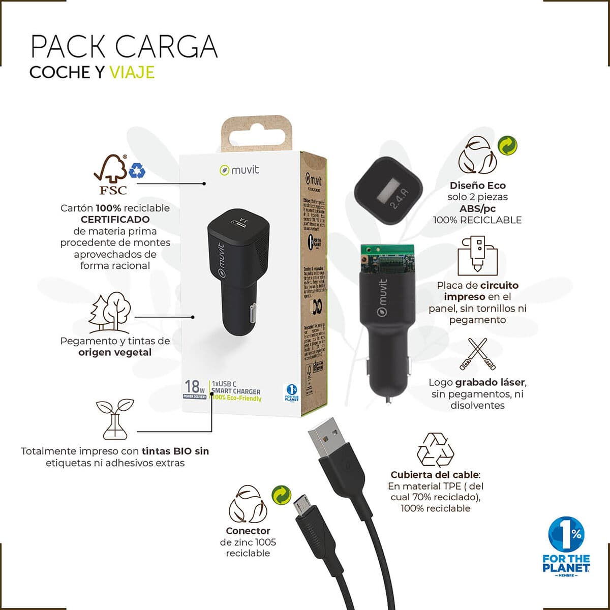 Cargador de Coche Muvit for Change 1 m Negro - Image 2