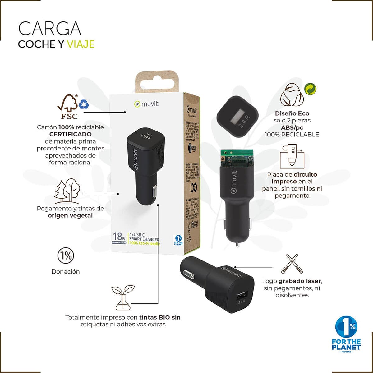 muvit for change cargador coche 1 USB QC 3.0 18W+1 Tipo C PD 20W negro - Image 4