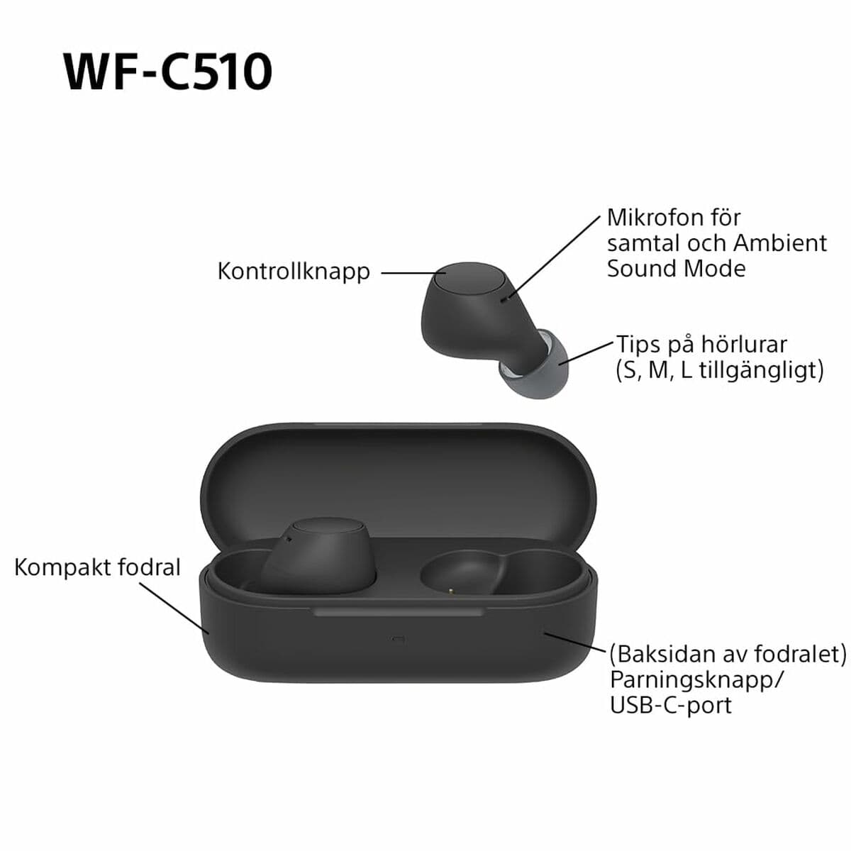 Bevielės ausinės su krovimo dėklu Sony WF-C510 Juoda - Image 35
