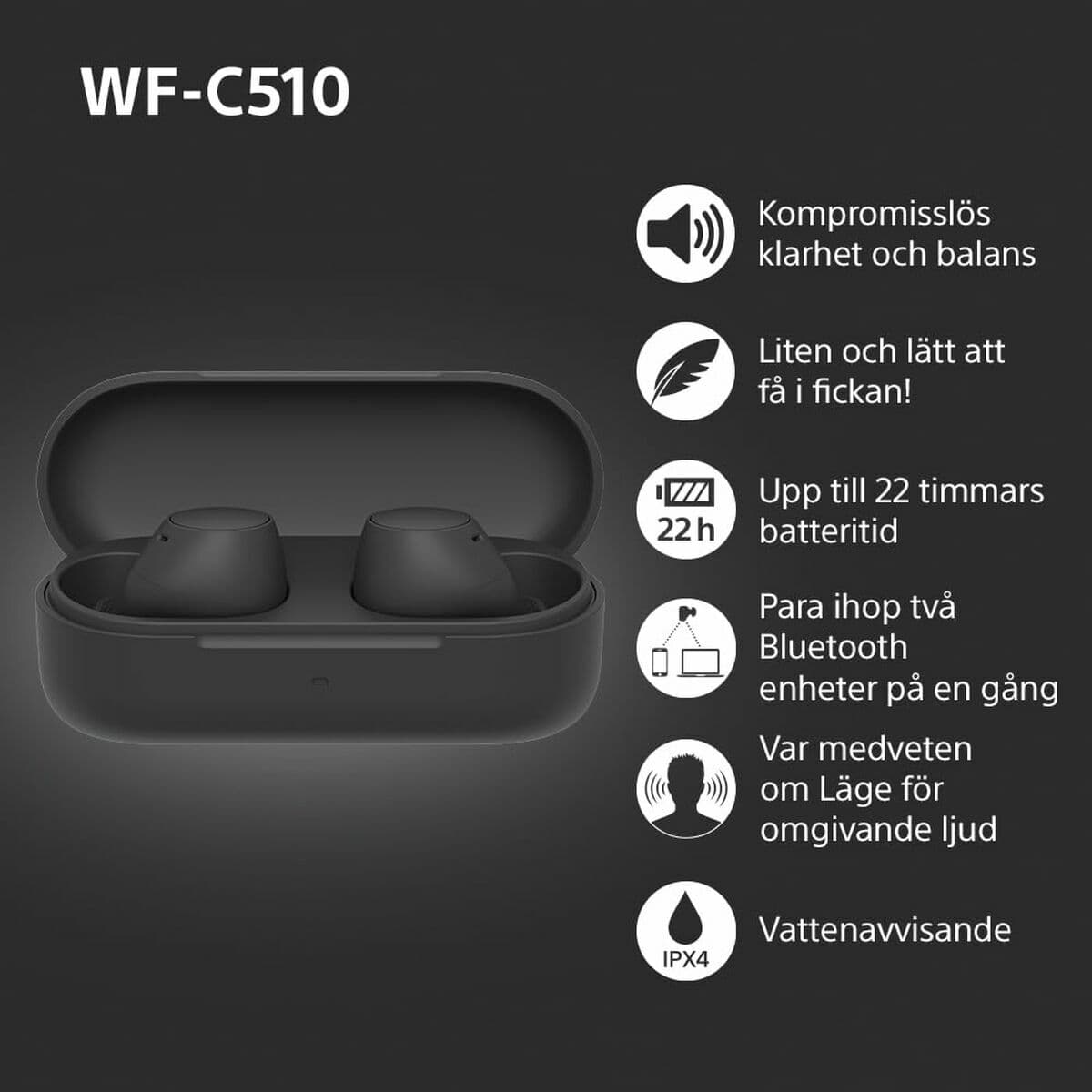 Bevielės ausinės su krovimo dėklu Sony WF-C510 Juoda - Image 44