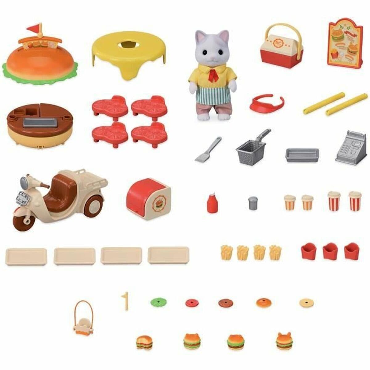 Zubehör für Puppenhaus Sylvanian Families Puesto de hamburguesas - Papa Latte Cat y Scooter 30 Stücke - Image 3