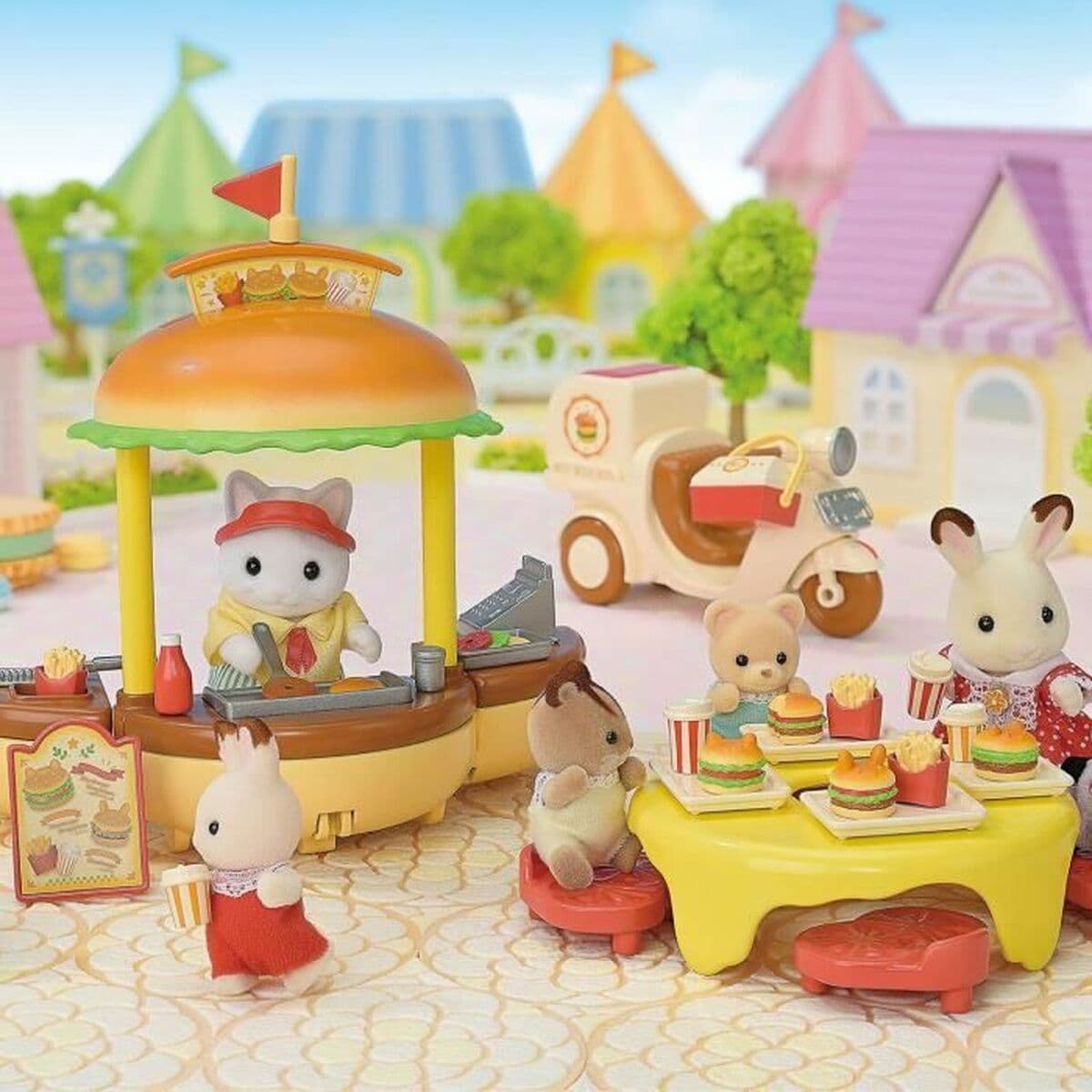 Zubehör für Puppenhaus Sylvanian Families Puesto de hamburguesas - Papa Latte Cat y Scooter 30 Stücke - Image 6