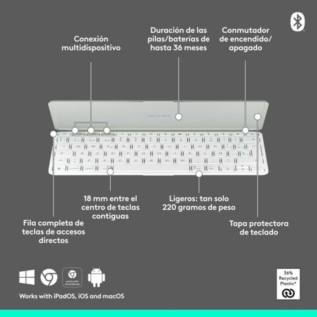 Clavier Bluetooth Logitech 920-013011 Espagnol Qwerty Gris Blanc/Gris - Image 10