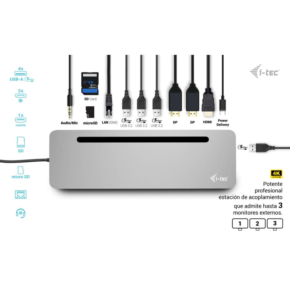 Hub USB-C i-Tec C31FLAT2PDPRO Argenté - Image 3