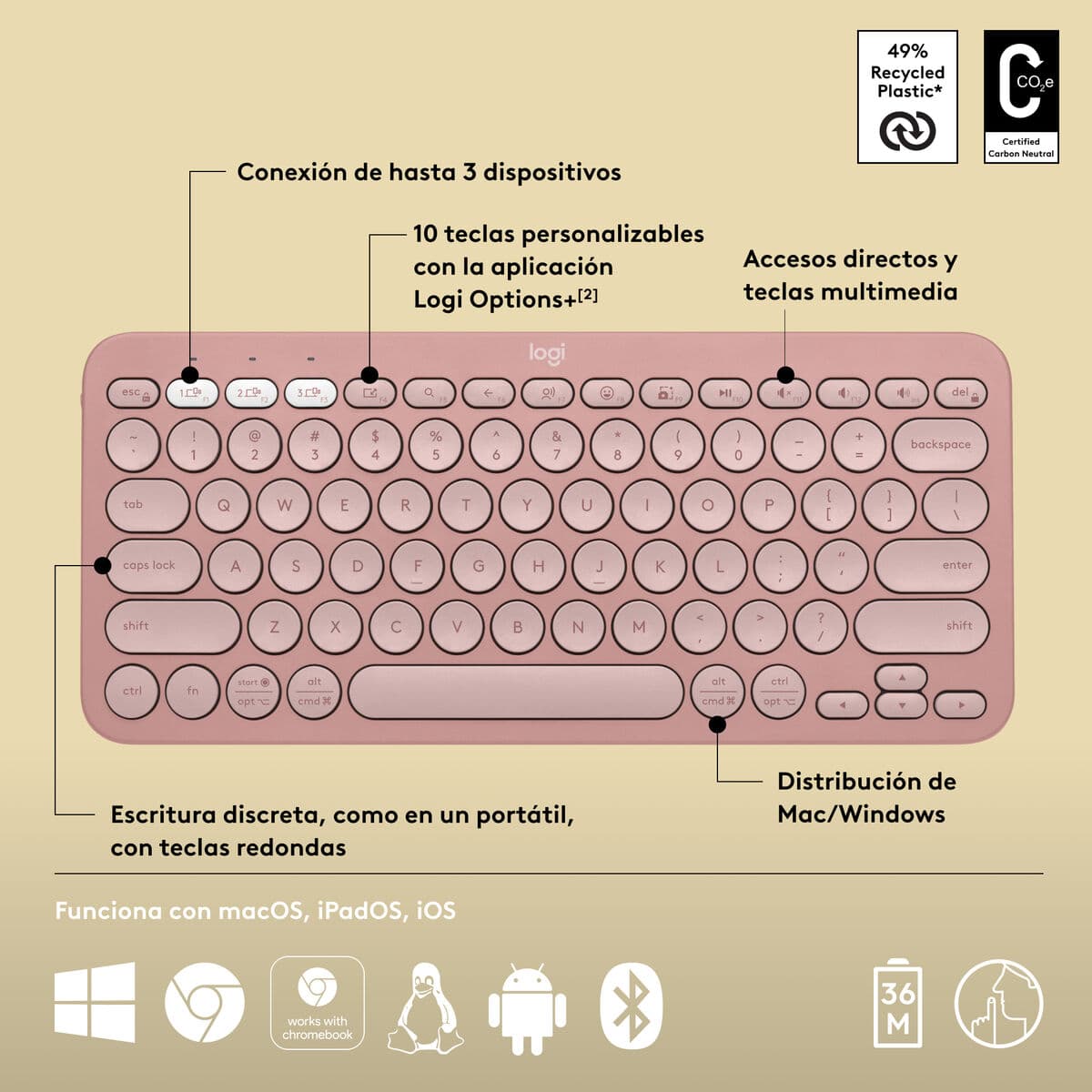 Clavier sans fil Logitech K380s Rose Espagnol Qwerty - Image 11