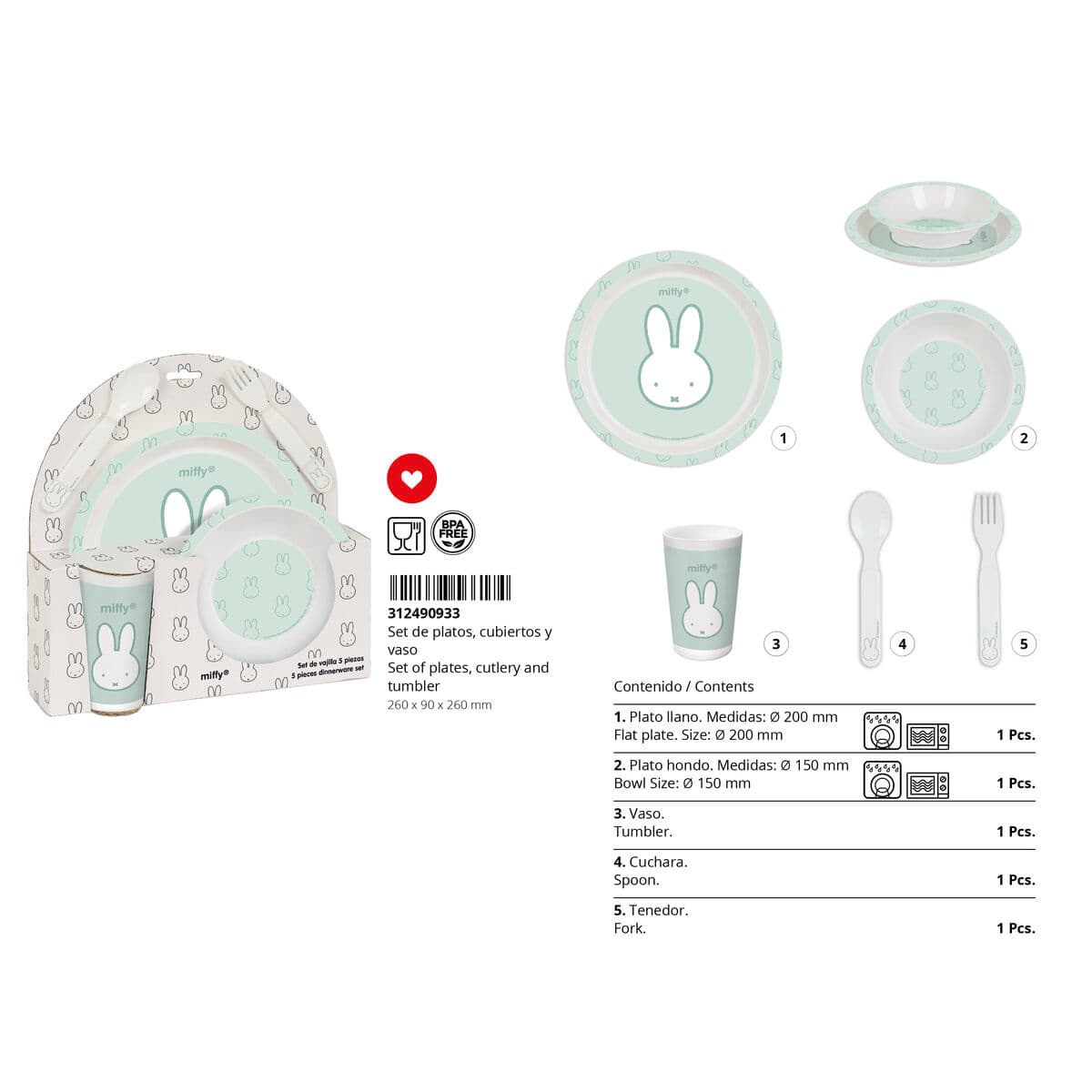Set de vajilla infantil Miffy Menta (5 Piezas) - Image 8