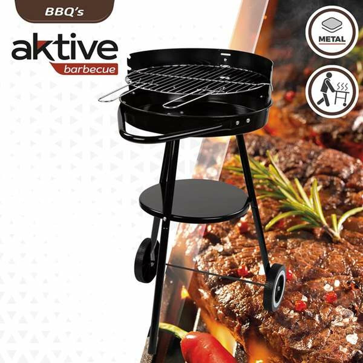Barbacoa de Carbón con Ruedas Aktive Textilene 42 x 76,5 cm Negro - Image 5