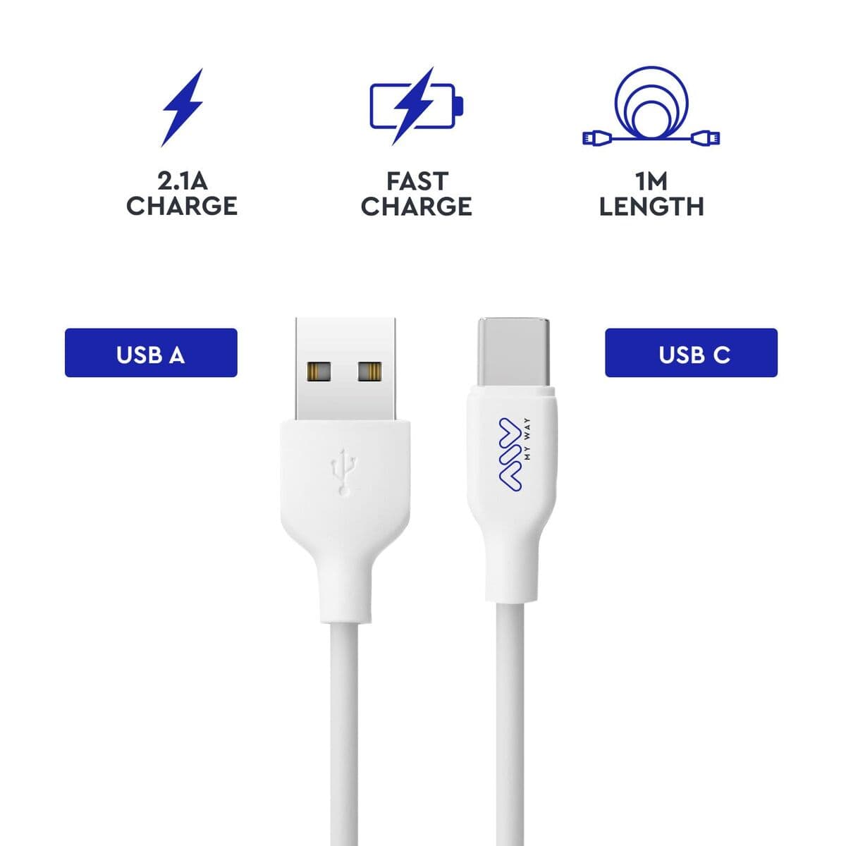 USB A - USB-C kabelis Myway Balta Juoda 1 m - Image 3