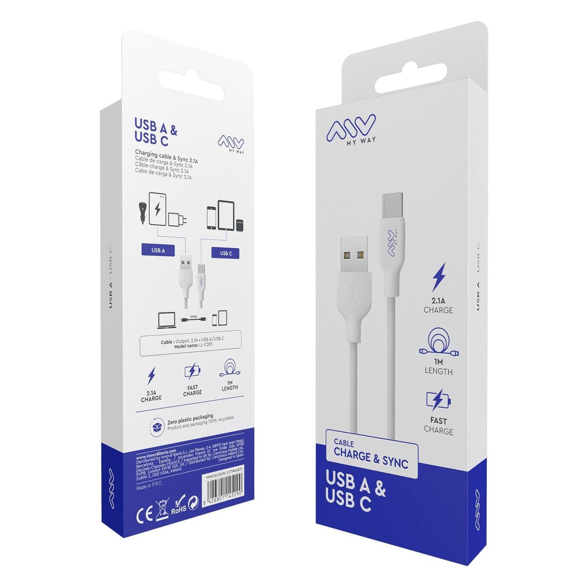 USB A - USB-C kabelis Myway Balta Juoda 1 m - Image 4