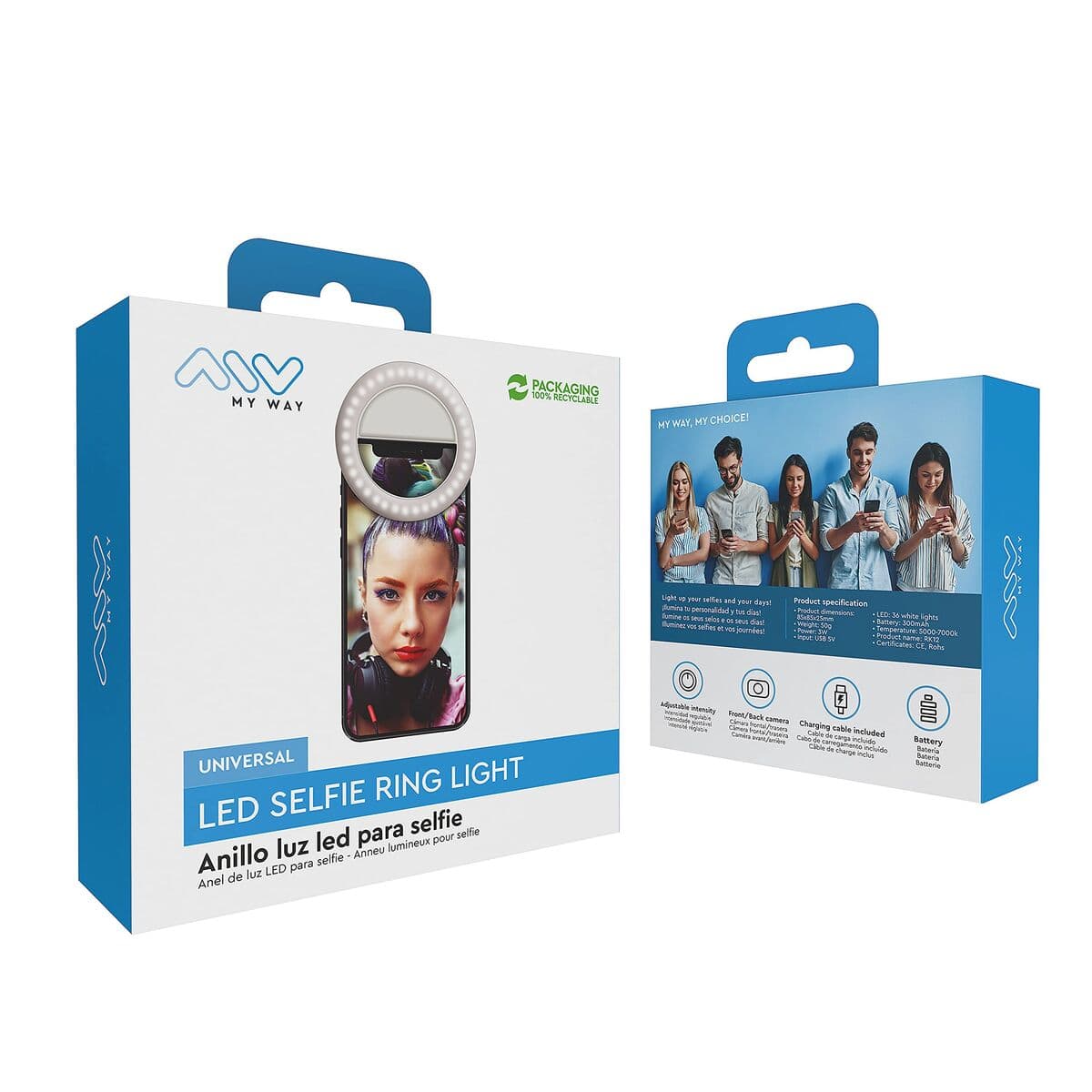 Anneau Lumineux pour Selfie Rechargeable Muvit MWCHL0007 Blanc