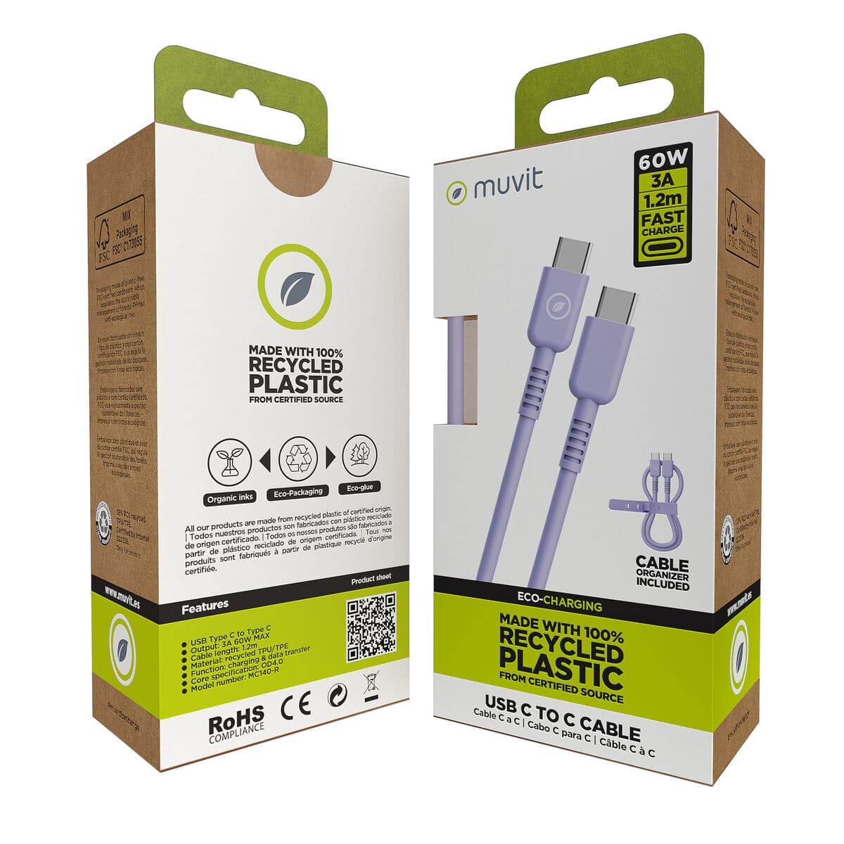 Câble USB-C vers USB-C Muvit for Change Lavande 1,2 m - Image 5
