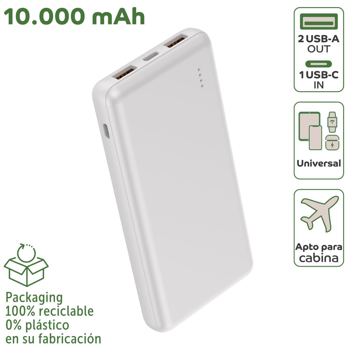 myway power bank 10.000 mAh USB 2 puertos 2A + cable tipo C blanca - Image 3