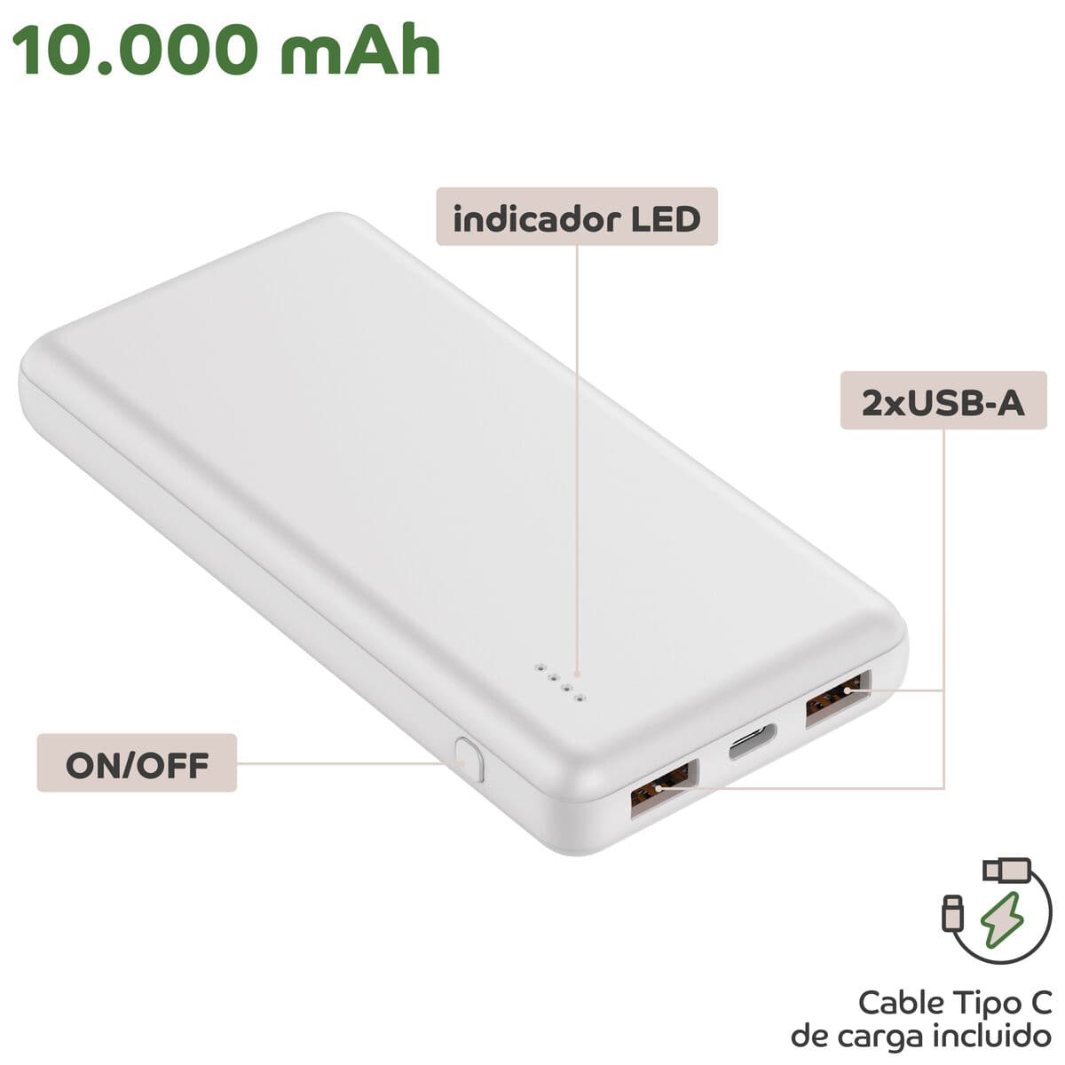 myway power bank 10.000 mAh USB 2 puertos 2A + cable tipo C blanca - Image 4