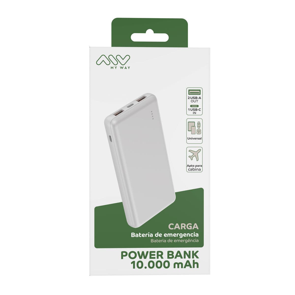 myway power bank 10.000 mAh USB 2 puertos 2A + cable tipo C blanca - Image 6