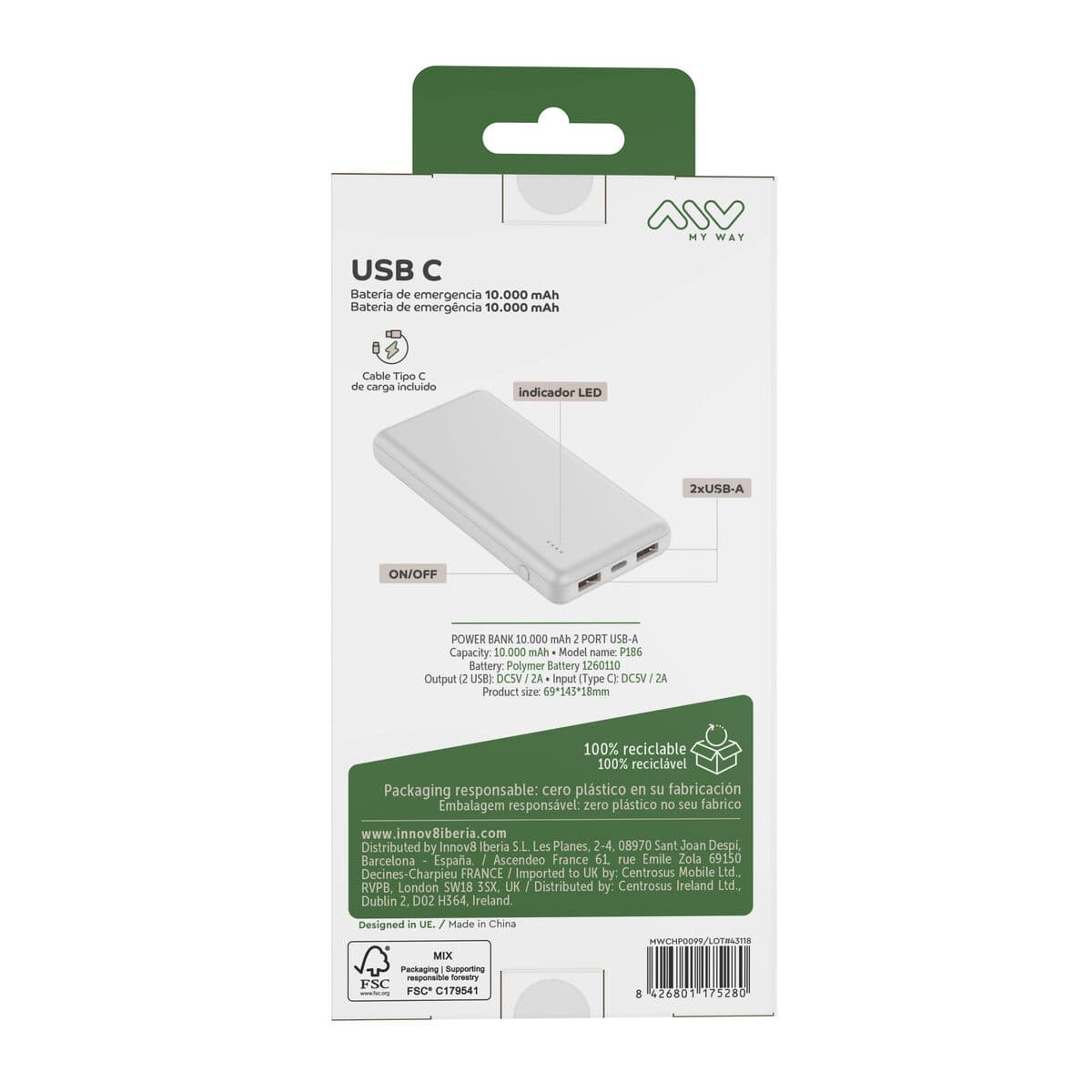 myway power bank 10.000 mAh USB 2 puertos 2A + cable tipo C blanca - Image 7
