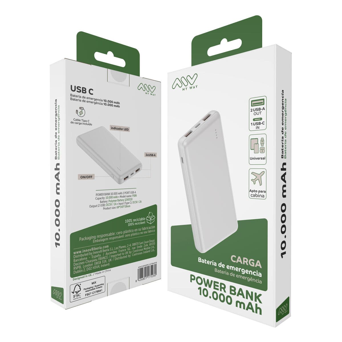myway power bank 10.000 mAh USB 2 puertos 2A + cable tipo C blanca - Image 8