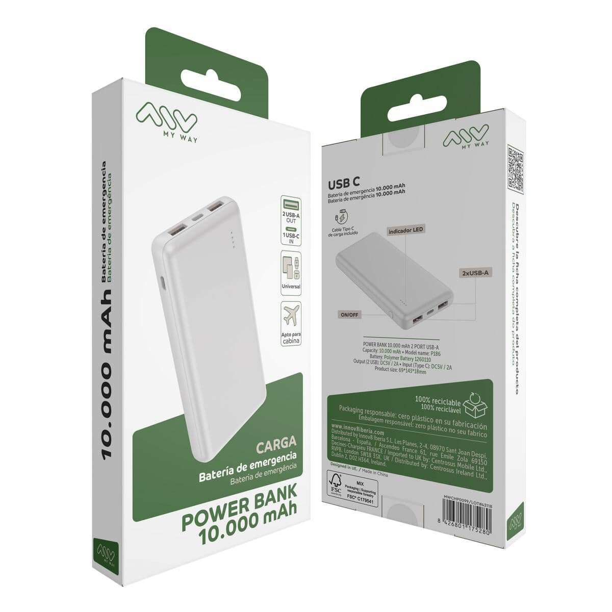 myway power bank 10.000 mAh USB 2 puertos 2A + cable tipo C blanca - Image 9