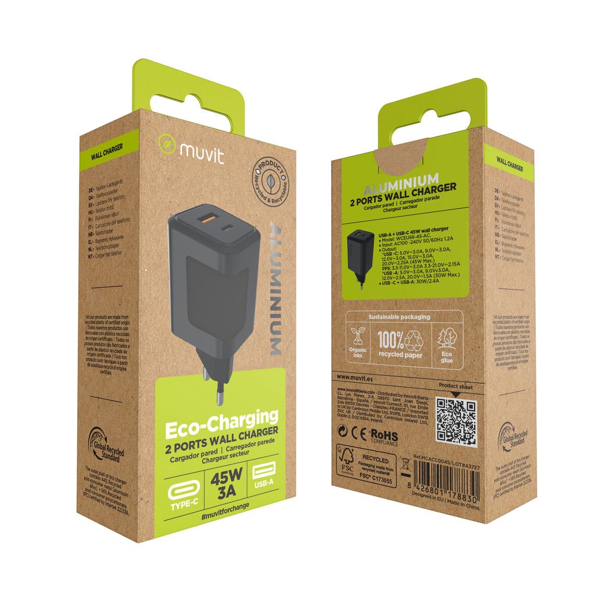 Sieninis įkroviklis Muvit WCEU66-45-AC Balta 45 W - Image 9