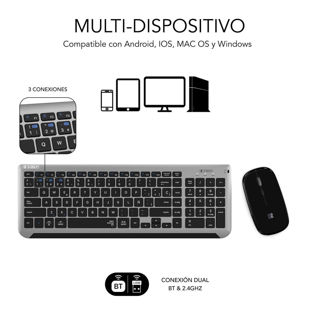 Clavier et souris sans fil Subblim SUBKBC-DCEP20 Gris Espagnol Qwerty - Image 13