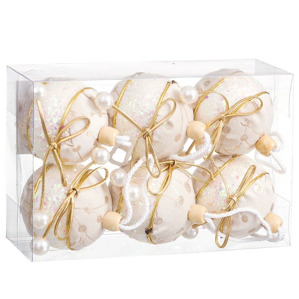 Bolas de Navidad Blanco Dorado Polyfoam Tejido Lazo 6 x 6 x 6 cm (6 Unidades) - Image 2