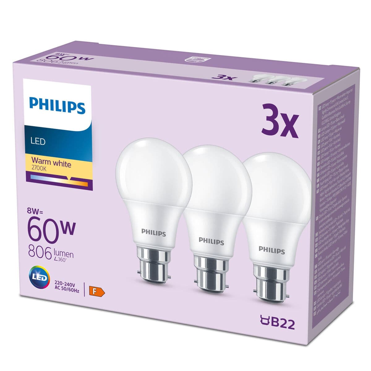 LED-Lampe Philips 60 W Mattierend Warmes Weiß F 8 W 60 W B22 3 Stück (2700 K) - Image 4