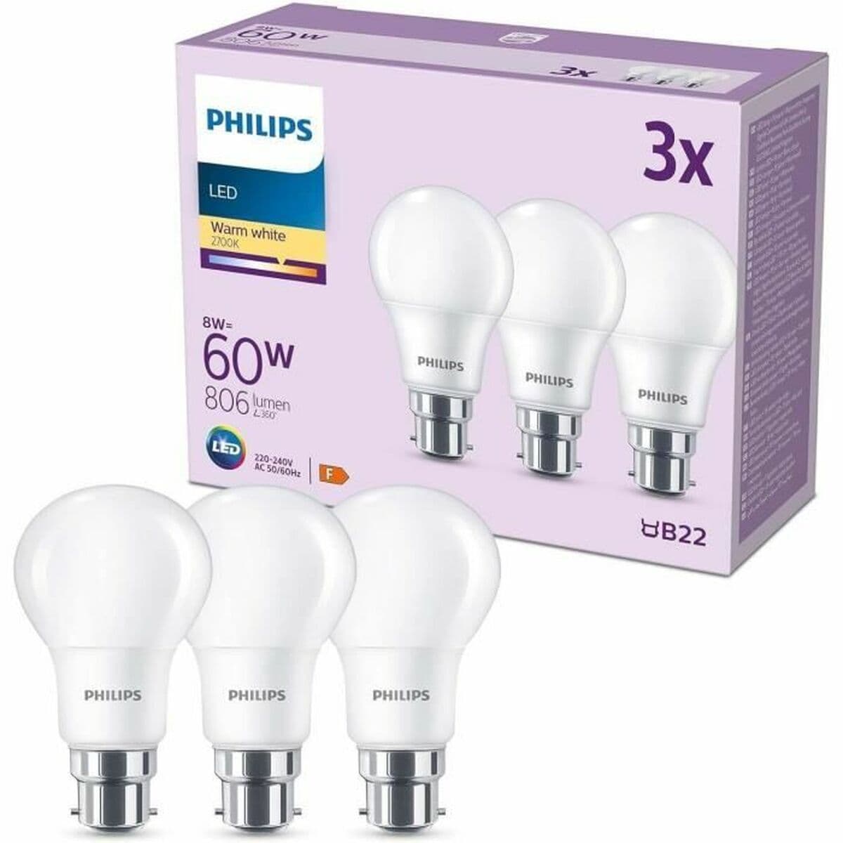 LED-Lampe Philips 60 W Mattierend Warmes Weiß F 8 W 60 W B22 3 Stück (2700 K) - Image 6