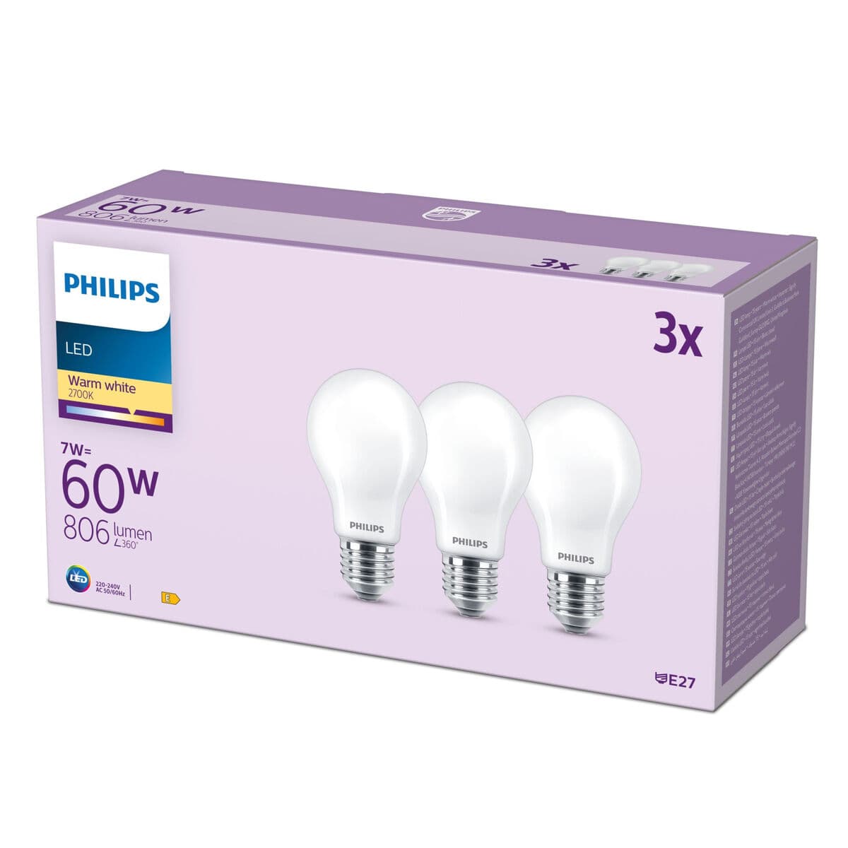 LED-lampa Philips A60 E27 Varmvit E 7 W 60 W E27 806 lm 3 antal (2700 K) - Image 4